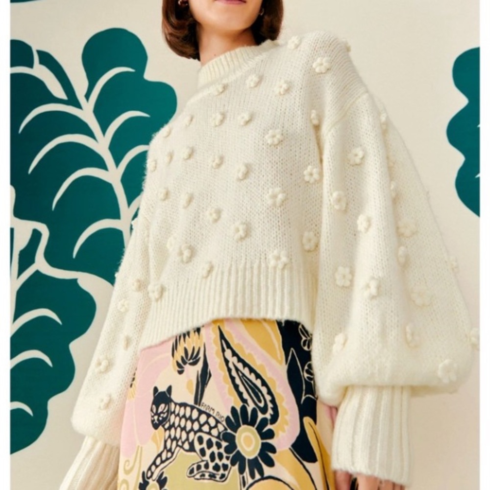Farm Rio White Handmade Flowers Sweater XL Floral Applique Puff Sleeves Knit New